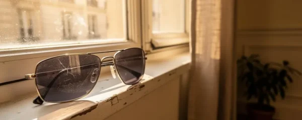 Des lunettes de soleil posées sur un rebord de fenêtre en plein soleil dans un appartement.