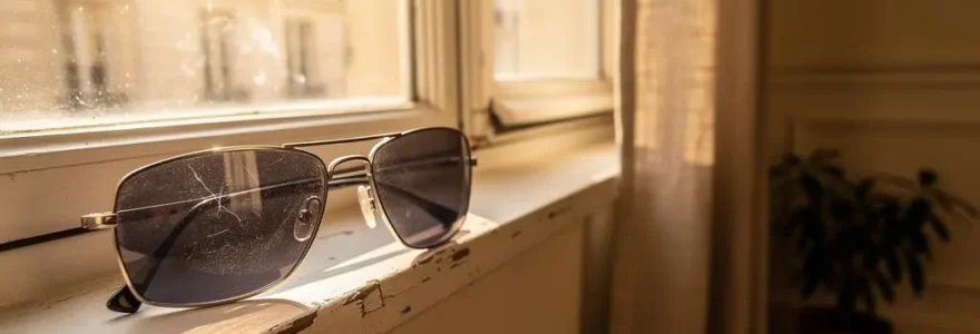 Des lunettes de soleil posées sur un rebord de fenêtre en plein soleil dans un appartement.