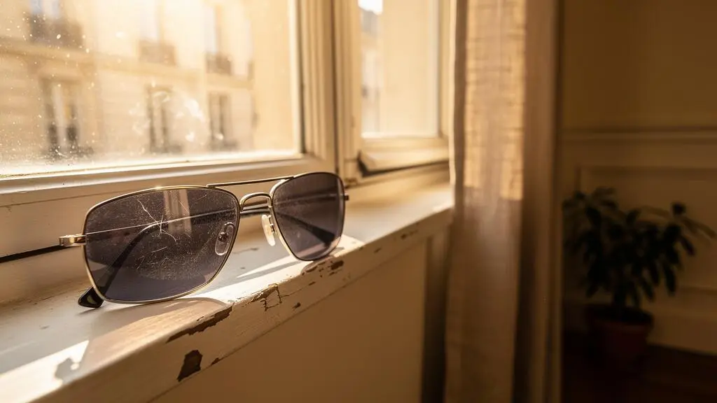 Des lunettes de soleil posées sur un rebord de fenêtre en plein soleil dans un appartement.