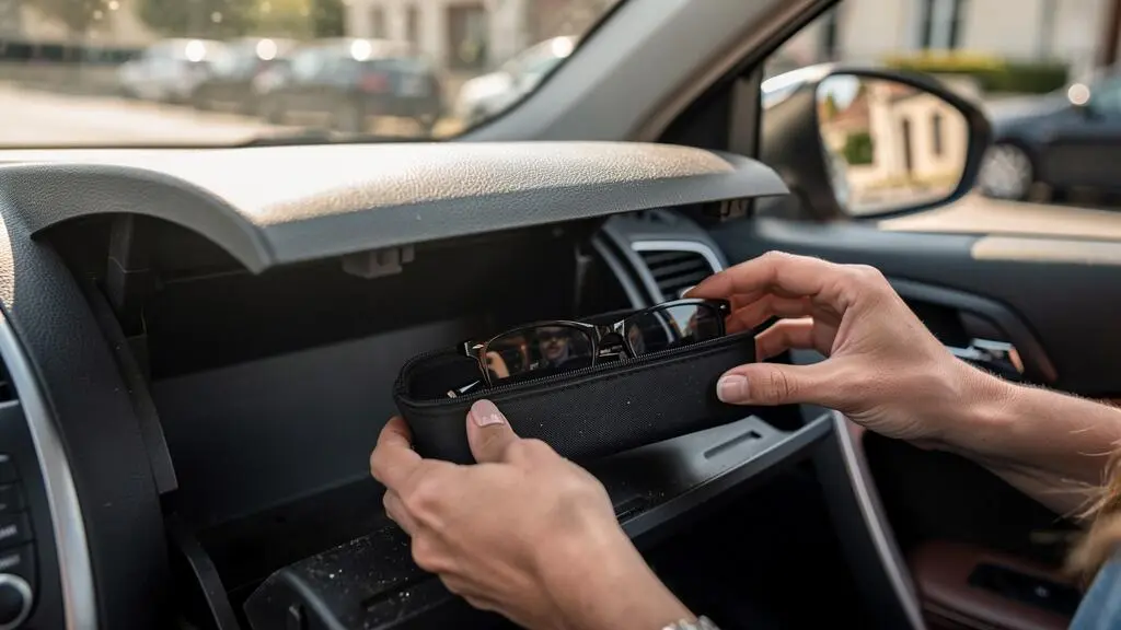 Des mains rangent des lunettes de soleil dans un étui placé dans la boîte à gants d'une voiture.