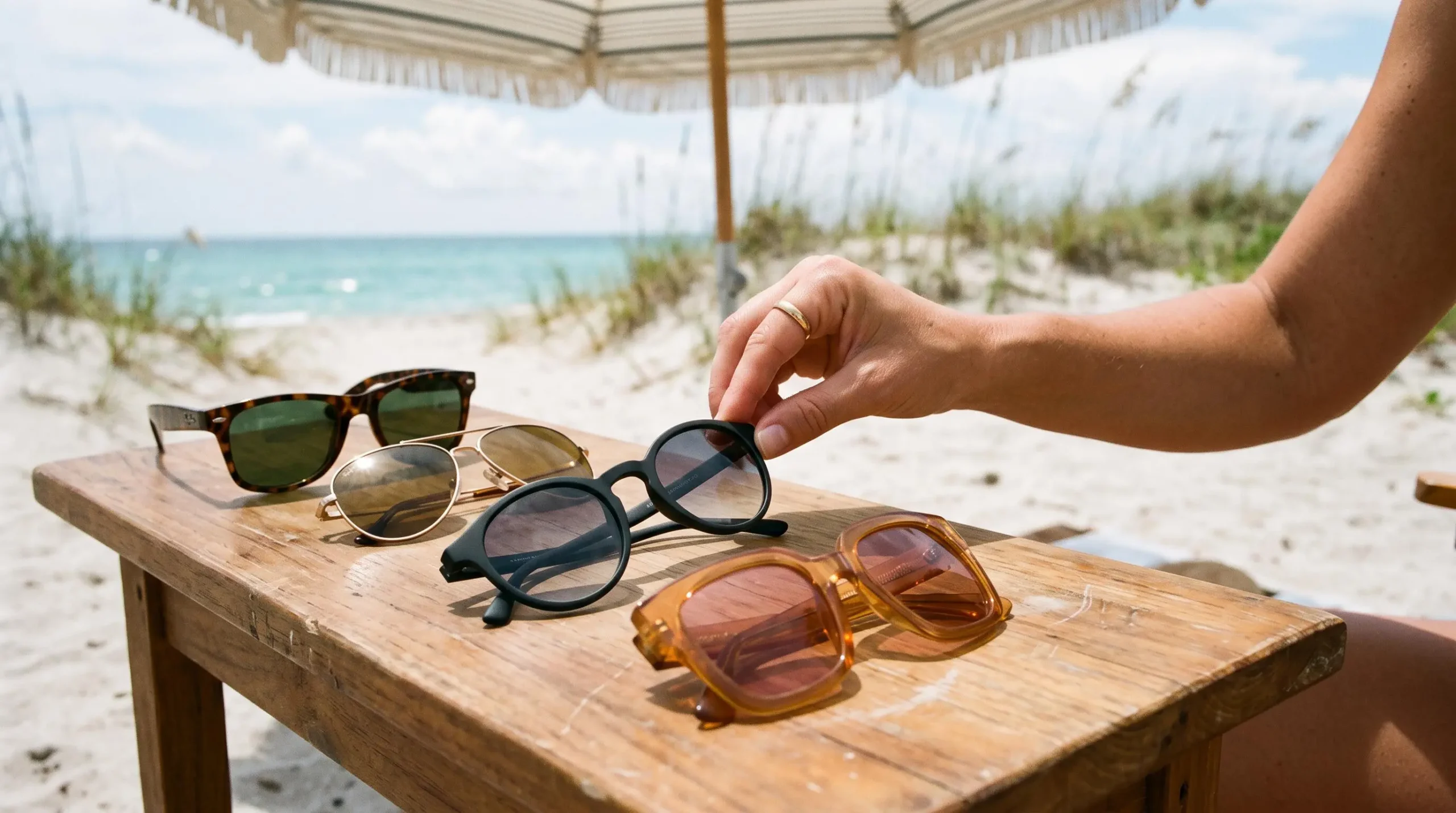 Une main compare différentes paires de lunettes de soleil posées sur une table de plage en bois.