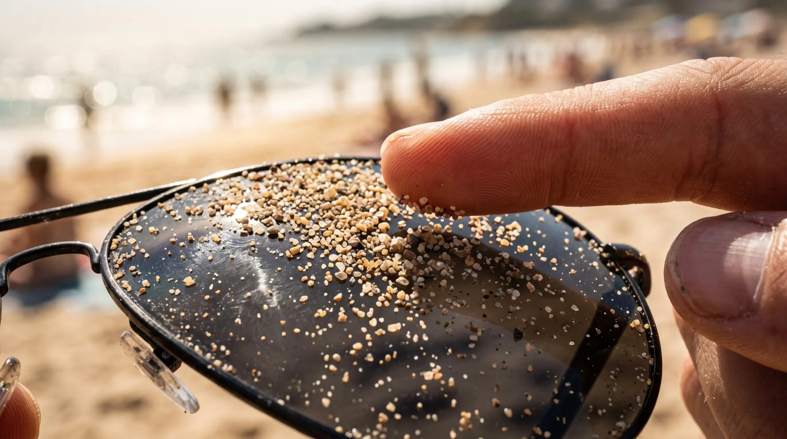 Gros plan sur des grains de sable posés sur le verre d'une lentille de lunettes de soleil.